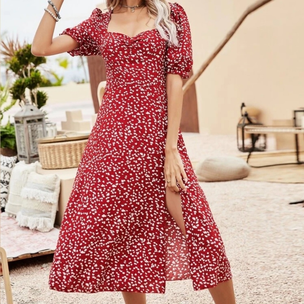 Red Ditsy Floral Midi Sweetheart Dress